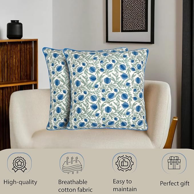 Ridhi Block Print Queen Blue Pillow Cover 18" x 18" (Pack of 2) Decorative Couch Pillows for Living Room, Farmhouse Chic Boho Cute Outdoor Pillows Covers Gifts for Spring, Mother's Day