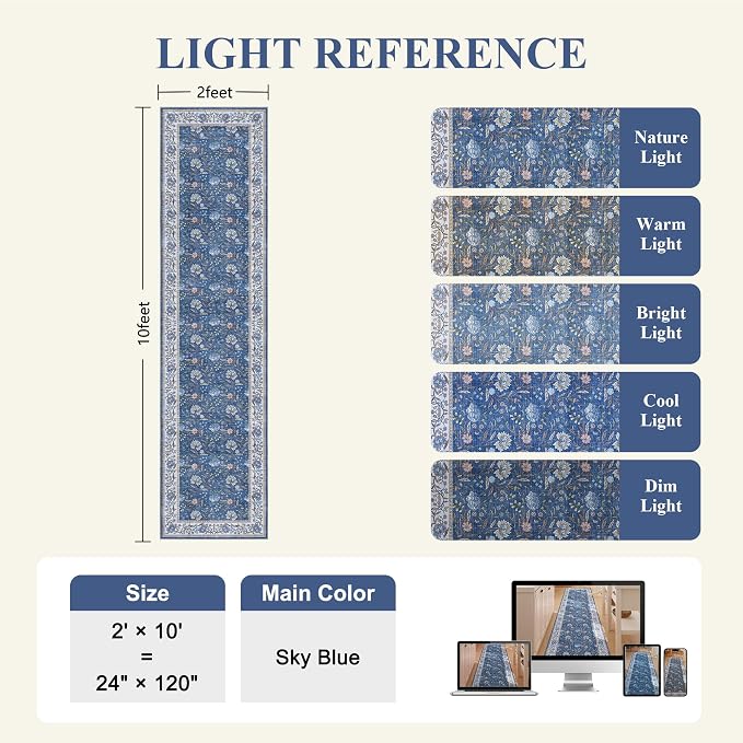 DUKINO 2x10 Runner Rug for Hallway, Washable Vintage Floral Rug, Sky Blue | Non Slip, Low Pile, Non-Shedding, Stain Resistant Soft Long Runner Carpet for Kitchen Bathroom Entryway Bedroom Farmhouse
