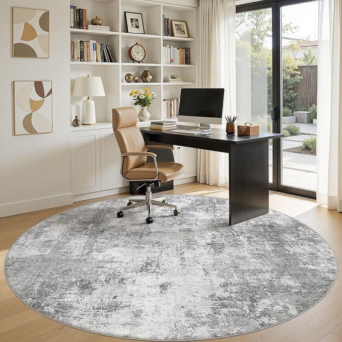 8ft Round Area Rugs for Living Room, 8x8 Washable Non Slip Soft Large Rugs for Bedroom Dining Room, Modern Abstract Low Pile Stain Resistant Carpet for Laundry Office Home Decor - Gray