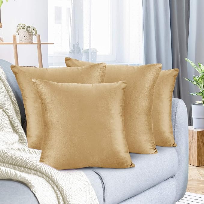 Nestl Throw Pillow Covers, Cozy Velvet Decorative Outdoor Pillow Covers 16x16 Inches, Soft Solid Cushion Covers for Sofa, Bed and Car, Set of 4 - Camel Gold