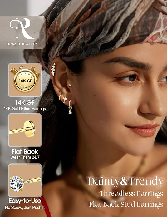 ORAZIO 16G/18G/20G Threadless Flat Back Earrings 316L Surgical Steel Cartilage Earring Stacks Flatback Push in Nose Rings Studs Hypoallergenic Tragus Helix Conch Labret Medusa Piercing Jewelry