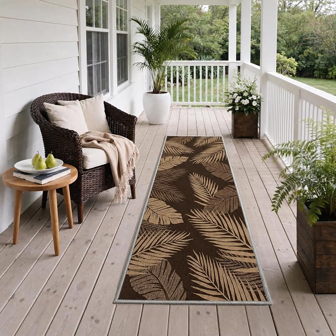 GENIMO Outdoor & Indoor Area Rug 3'x5', Waterproof, Non-Shedding, Easy Cleaning, Leaf Mat for Patio, Living Room, Balcony, Dining Room, RV, Deck, Bedroom, Camping, Outside Carpet, Coffee Brown