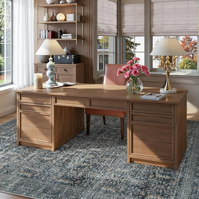 Collive Washable Area Rug 8x10, Vintage Distressed Rugs for Living Room Rugs 8x10 Non Slip Modern Bedroom Carpet Stain Resistant Aesthetic Print Accent Floor Mat for Dining Office - Blue/Grey