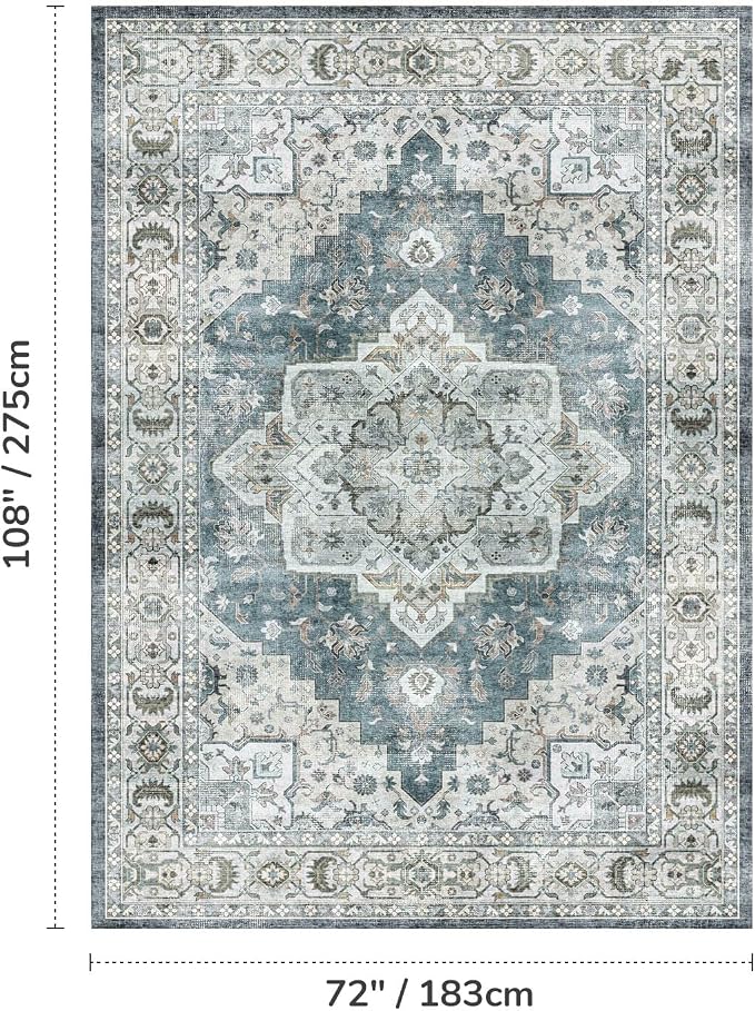 Lessymo Large Area Rugs for Living Room, Soft 6x9 Washable Rug for Bedroom Dining Room Nursery Room Farmhouse, Boho Non Slip Low Plie Carpet Vintage Floral Design, Blue Grey/Beige