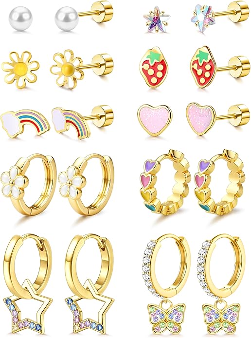 LOLIAS Hypoallergenic Earrings for Girls Flat Back-Stainless Surgical Steel Earrings for Sensitive Ears Women Cute Hoops Flatback Studs Screw Back Toddler Kids Teen Girls Earrings Jewelry