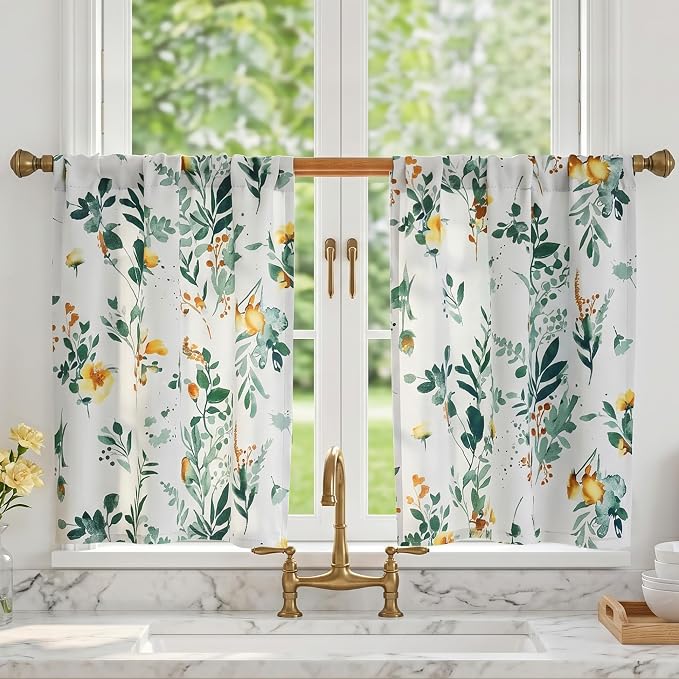 MYSKY HOME Floral Kitchen Tier Cafe Curtains 36 Inch Length 2 Panels Privacy Small Window Treatments Rod Pocket for Bathroom Basement, Yellow and Green, 30" Wide Each Panel
