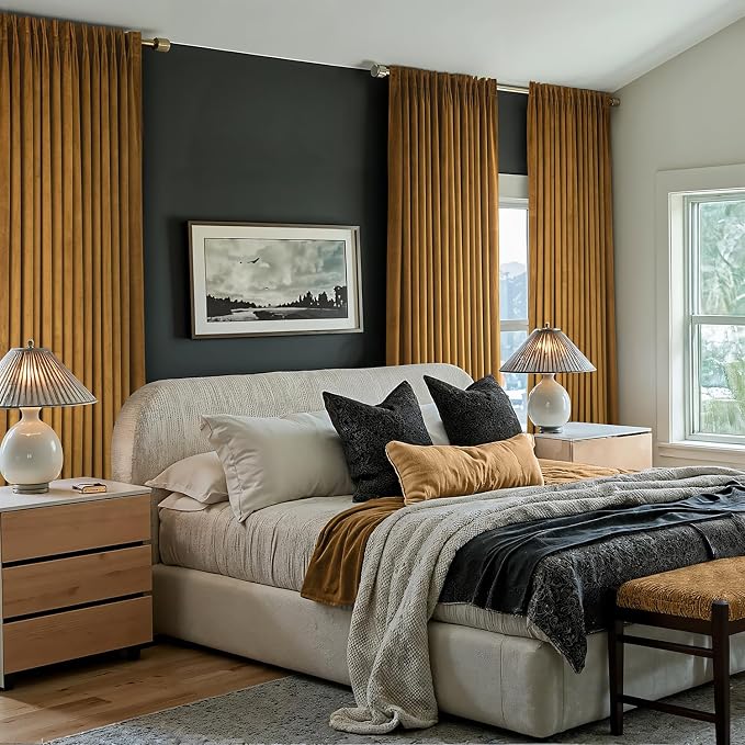 MIULEE Gold Velvet Blackout Curtains 90 inches Long, Pinch Pleated Drapes with Hooks, Thermal Insulated Pleat Design Luxury Panels for Living Room Bedroom, Set of 2
