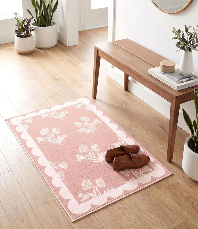 Pink Boho Bathroom Rug - 2x3 Scalloped Floral Girls Bedroom Rugs Soft Boho Runners for Hallways Small Accent Throw Rugs for Bedroom Entryway Kitchen Laundry Room Powder Room Dorm Bedside