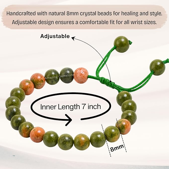 Amazing Gemstone Unakite Bracelet for Women Men's Gifts - Protection Healing Crystal Bracelet - 8mm Gemstone Beaded Adjustable Bracelet