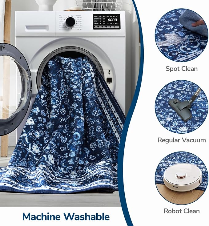 Lessymo 3 x 5 Area Rugs for Living Room- Machine Washable Area Rugs Boho Faux Wool Low Pile Area Rug for Bedroom Floral Medallion Vintage Rugs with Non-Slip Rubber, Kid & Pet Friendly,Blue White