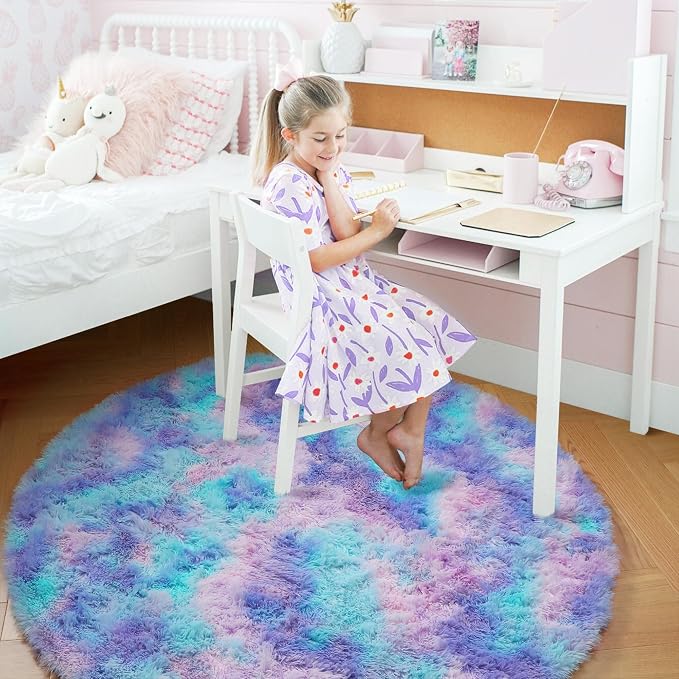 Amdrebio Purple Rainbow Round Area Rug 7Ft for Girls Bedroom Living Room Decor, Colorful Floor Mermaid Kids Rugs for Playroom Nursery Classroom, Fluffy Fuzzy Cute Plush Carpet, Large Big Circle Rug