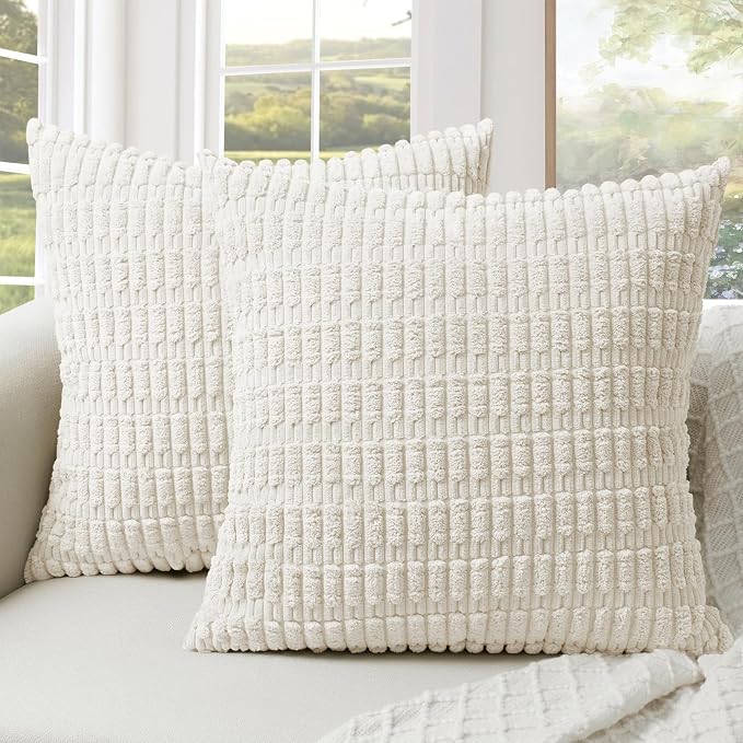 Softalker Cream Beige Throw Pillow Covers 20x20 Inch, Set of 2, Solid Color Corduroy Soft Plush Decorative Square Cushion Covers for Couch Sofa, Modern Farmhouse Boho Home Decor