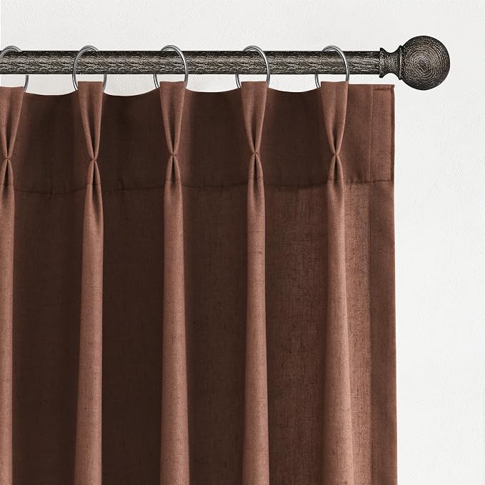 Aersas Rustic Brown Pinch Pleated Linen Curtains 84 Inch Length 2 Panels for Living Room Bedroom Semi Sheer Window Curtain Boho Neutral Back Tab Pinch Pleat Drape with Hooks 40x84
