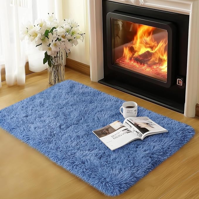 qulint Blue Rug for Bedroom, 2x3 Area Rugs for Boys Room Soft Fluffy Shag Small Carpet for Nursery, Fuzzy Shaggy Alfombras for Kids Boys and Girls Dorm Living Room Home Decor (2ft x 3ft, Blue)