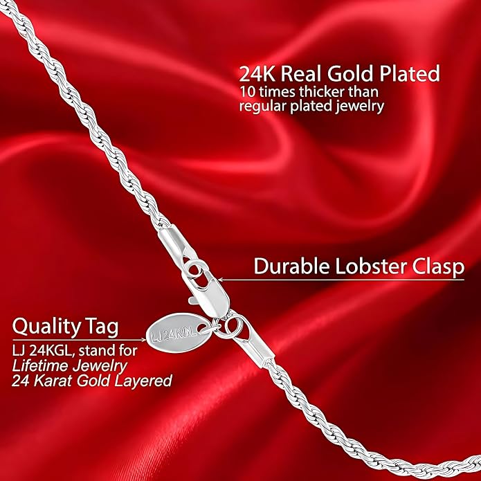 LIFETIME JEWELRY Gold Anklets for Women - 2mm Rope Chain Ankle Bracelet - 24k Real Gold Plated, Made in USA Since 1987 with Lifetime Replacement