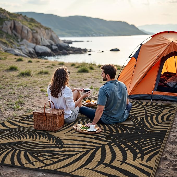 GENIMO Outdoor Rug, Waterproof Plastic Rugs for Patio, 8'x10' Black | Outside Larger Leaf Carpet Mat for Porch Decor, Deck, Balcony, Camping, RV, Backyard, Picnic, Beach, Reversible, Foldable