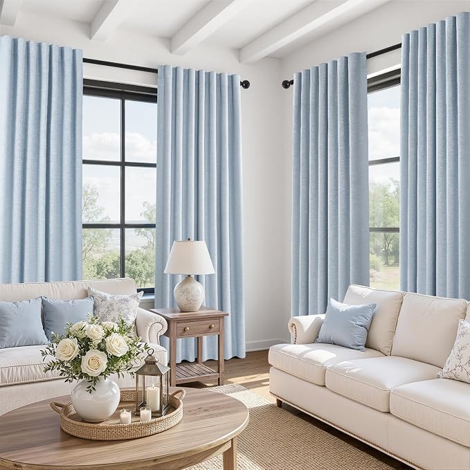 Topfinel Blue Blackout Bedroom Curtains 108 Inches Long 2 Panels for Kids Baby 100% Black Out Thick Linen Back Tab Pleated Drapes Coastal Light Dusty Sky Blue 108 Inch Curtain for Dining Living Room