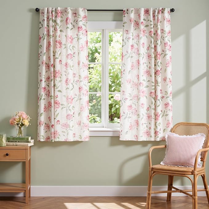 jinchan Pink Floral Linen Curtains 63 Inch Cottagecore Back Tab 2 Panels | Light filtering drapes, semi sheer, farmhouse, watercolor, romantic, living room, bedroom, rod pocket, window treatment