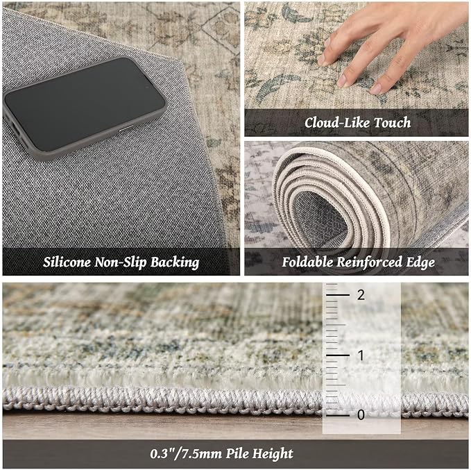 Boho Washable 9x12 Area Rugs for Living Room, Cushioned, Flaxen/Tan | Vintage Non-slip Neutral Oriental Rugs for Bedroom Dining Room Nursery Office High Traffic Area