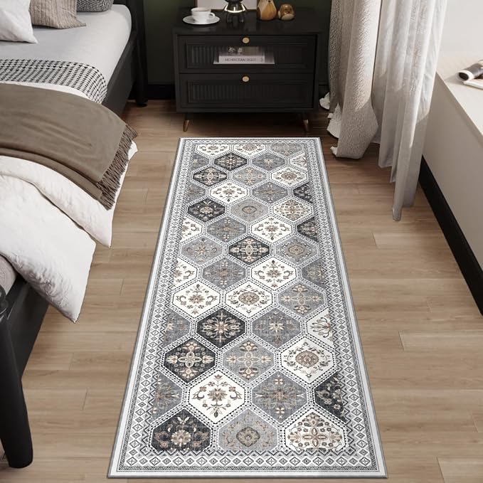 2x6 Runner Rug, Soft Non-Slip Boho Moroccan Rug, Gray/Gold | Low-Pile Printed Indoor Runners for Entryway, Hallways, Kitchen, Laundry Room, Bedside