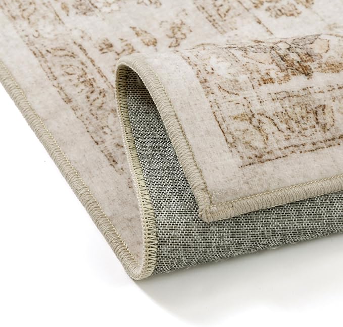 PureCozy 5x7 Beige Area Rug Washable Living Room Vintage Carpet Bedroom Distressed Non Slip Low Pile Thin Dining Room Office Medallion Accent Throw Rug