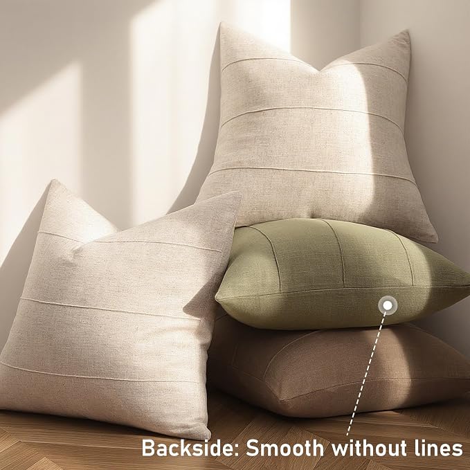 ZWJD 12x20 Pillow Covers Set of 2 Decorative Linen Solid Handcrafted Striped Throw Pillows for Bed Soft Modern Farmhouse Neutral Pillowcase for Couch Bedroom Living Room Home Decor(Natural Beige)