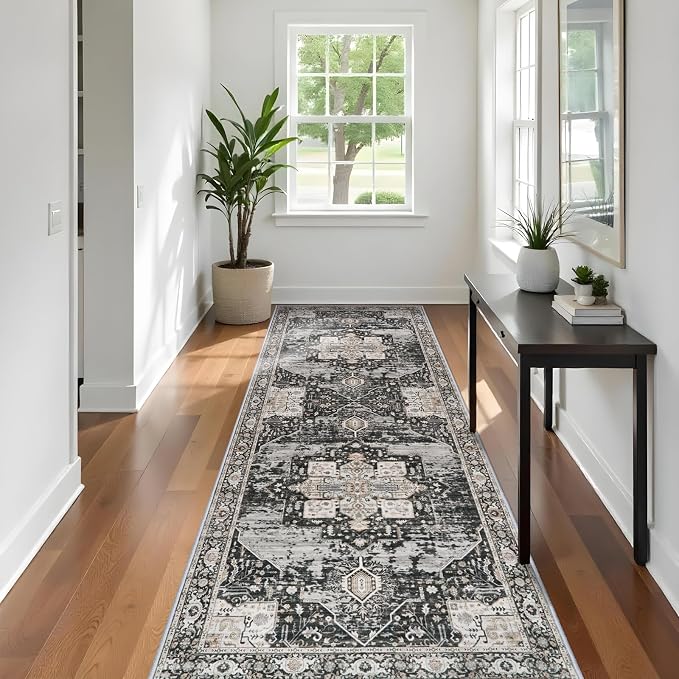 RUUGME Hallway 3x10 Runner Rug - Washable Rugs with Non Slip Backing Ultra Thin Stain Resistant Carpet for Kitchen Living Room Bedroom Vintage Tribal Rugs for Floor Decoration Mat 3x10 Black