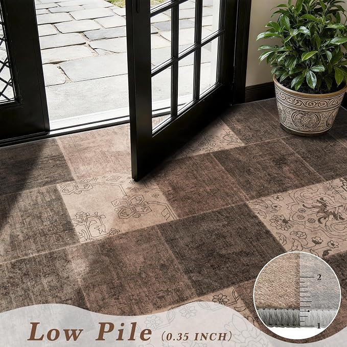 LIANLAM 2x6 Washable Runner Rug for Hallway&Kitchen,Non-Slip Long Carpet with Vintage Boho Checkered Design,Ultra-Thin Low Pile,Stain Resistant Easy Clean Floor Mat for High Traffic Areas(2x6,Brown)