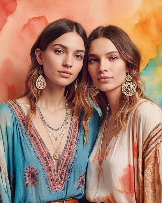Tondiamo 12Pcs Boho Jewelry Set for Women Bohemian Western Jewelry Set with Long Pendant Necklace Dangle Earrings and Stackable Bangle Bracelets Accessories for Women Friendship Gift