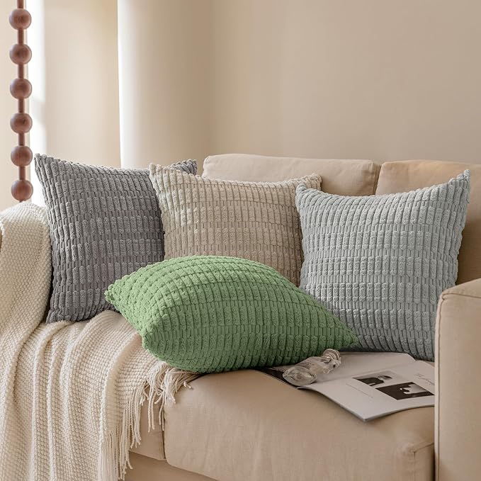 Softalker Sage Green Throw Pillow Covers Set of 2, Solid Color Corduroy Soft Plush Decorative Square Cushion Covers for Couch Sofa, Summer Rustic Farmhouse Boho Home Decor, 16 x 16 Inch