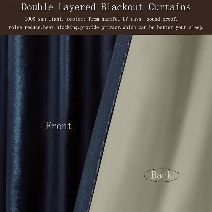 100% Blackout Navy Blue Velvet Curtains 102 inch Long for Living Room,2 Panel Back Tab Deep Blue Thermal Insulated Room Darkening Curtain with Liner Noice Reducing Soundproof Window Drapes for Bedroom