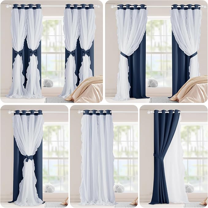 PONY DANCE Blackout Curtains for Living Room Decor Window Treatment Double Layer Drapes Ruffle Sheer Overlay Farmhouse Rustic Design, W 52 x L 84 Inches, Navy Blue, 2 Panels