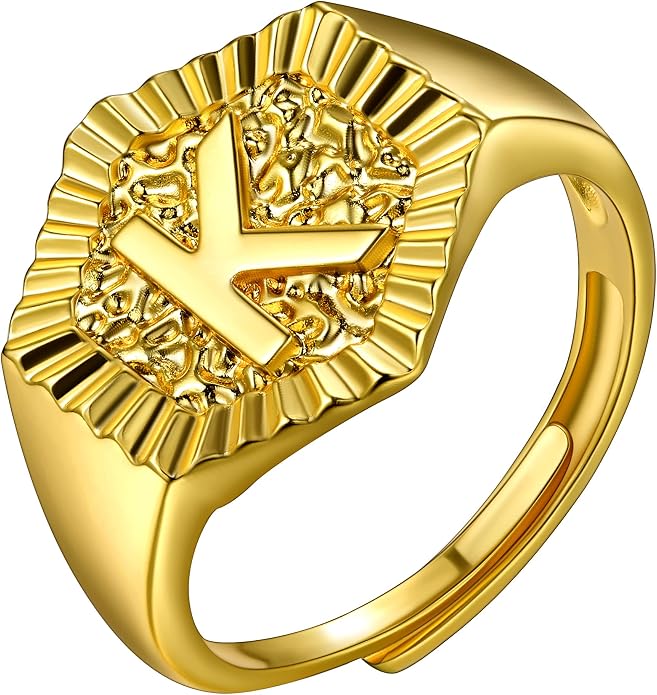 U7 Initial Ring Wedding Band for Men Women 18K Gold Plated Statement Hexagon A-Z Letter Jewelry Personalized Stackable Signet Rings