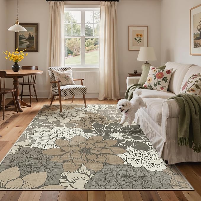 GENIMO 6x9 Outdoor Rug, Washable for Patio and Deck, Coffee Beige | Floral design for dining area; fade resistant chenille with quick-dry non-slip backing for indoor sunroom