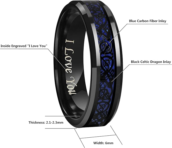 CROWNAL 6mm 8mm Blue Carbon Fiber Black Celtic Dragon Tungsten Carbide Wedding Band Ring Engraved I Love You Size 4 To 16