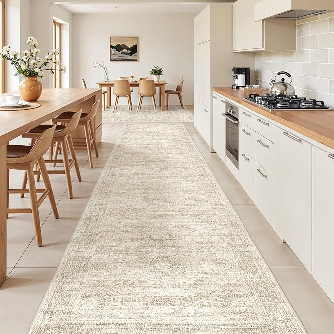 2'6 x 16' Runner Rug Non Slip,Washable Kitchen Rugs,Beige | 16ft Runner Rug for Hallway,Entryway,Bedroom,Living Room,Thin,Soft, Extra Long Rug,Stain Resistant Indoor Carpet