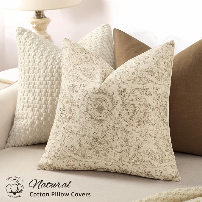 Vintage Floral Print Throw Pillow Covers 26x26 Set of 2 Neutral Modern Farmhouse Pillowcases Accent Decorative Cushion Covers Boho Home Decor for Couch Sofa Chair Bed Living Room, Natural Beige