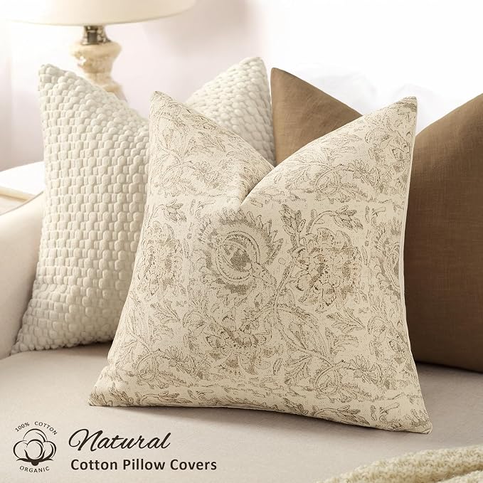 Vintage Floral Print Throw Pillow Covers 18x18 Set of 2 Neutral Modern Farmhouse Pillowcases Accent Decorative Cushion Covers Boho Home Decor for Couch Sofa Chair Bed Living Room, Natural Beige