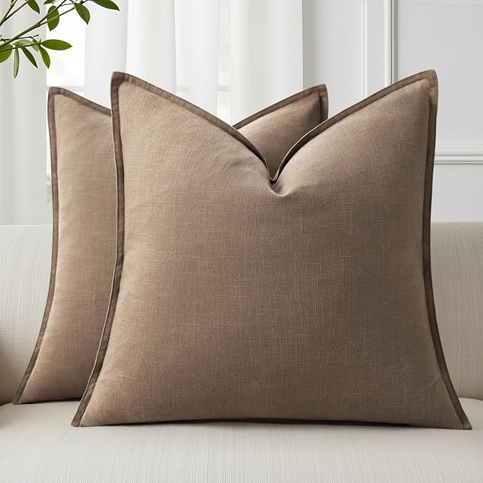 decorUhome Fall Light Brown Linen Throw Pillow Covers 16x16 Set of 2 | Decorative Soft Cozy Modern Farmhouse Boho Accent Pillow Cases with Flange Edges for Couch Bed Sofa Living Room Home Decor
