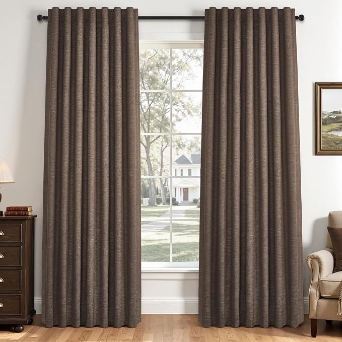 Topfinel Dark Brown 100% Blackout Linen Living Room Bedroom Curtains 84 Inch Length Pleated Curtains Ring Hooks Back Tab Black Out Room Darkening Drapes 52Wx84L Inches Long 2 Panels