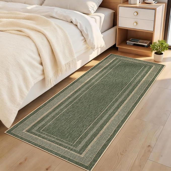 GarveeHome Easy Jute Runner Rug 2x8 Washable Non Slip Hallway Runner Rugs | Stain Resistant Low Pile Kitchen Throw Carpets Modern Solid Runners for Bedroom Nursery Entryway Living Room Dorm, Green