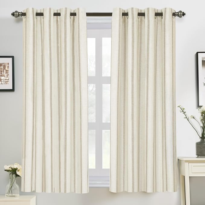 DriftAway Farmhouse Linen Stripe Blackout Curtains, Grommet, W52xL54, Beige | Blackout, Linen Texture, Stripe Pattern, Rod Pocket & Back Tab, Two Layers, Bedroom Living Room Use, Sound Reducing Design