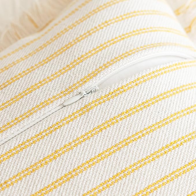 YEENAASY Throw Pillow Covers 12x20 Set of 2 Striped Fringe Pillow Cover Farmhouse Cushion Covers with Tassel Neutral Boho Pillows Decorative Square Pillowcase for Couch Sofa Bed, Yellow