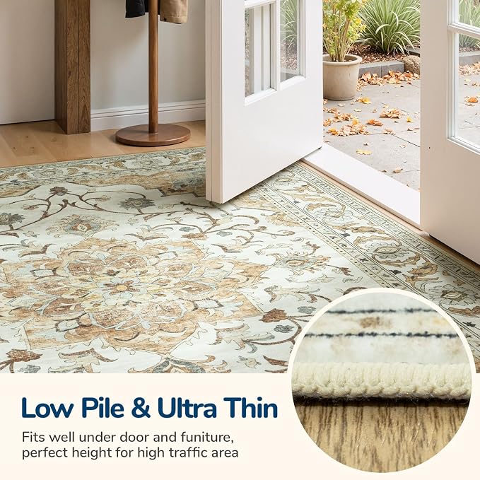 Lessymo Washable Area Rug for Living Room,8x10 Large Rugs with Non-Slip Backing,Soft Boho Carpets for Bedroom Dining Room Nursery Home Office,Light Beige