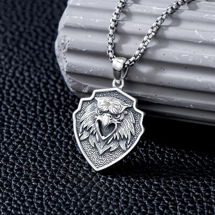 SIMONLY Eagle/Wolf/Skull Necklace for Men 925 Sterling Silver Shield Fish Hook Pendant Amulet Necklace Viking Shield Jewelry Christmas Gifts for Him