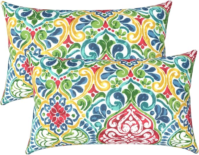 LVTXIII Set of 2 Patio Lumbar Pillows, 12" x 20" Fade Resistant Outdoor Lumbar Pillow with Inners, Fluffy Decorative Garden Lumbar Cushions for Home Patio Coach Sofa Use, Damask Red