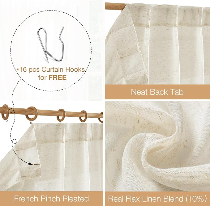FMFUNCTEX Linen Sheer Pinch Pleated Curtains for Living Room, Linen Flax Beige 108 Inches Long Sheer Curtain See Through Panels for Bedroom, Natural Window Drapes for Farmhouse, Rod Pocket 2 Panels | Natural Semi Sheer Window Drapes with Pinch Pleated ...