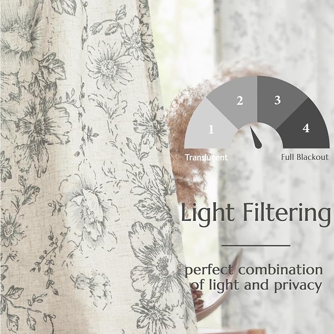 jinchan Gray Floral Linen Curtains Lined 96 Inch Vintage Back Tab 2 Panels | Privacy lining, light filtering drapes, vintage, cottagecore, french country, rustic, bedroom, living room, window treatment