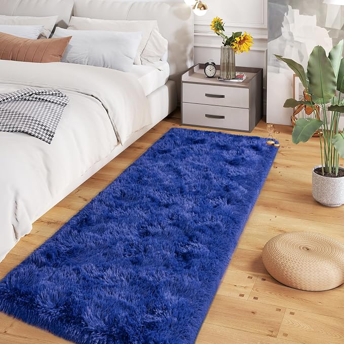 Dssimo 2x6 Blue Runner Rug for Bedroom Bedside Hallway Living Room | Soft Fluffy Shag Upgrade Non-Slip Carpet for Kids,Girls Boys and Teens Decorations for Living Room Dorm Nursery Classroom