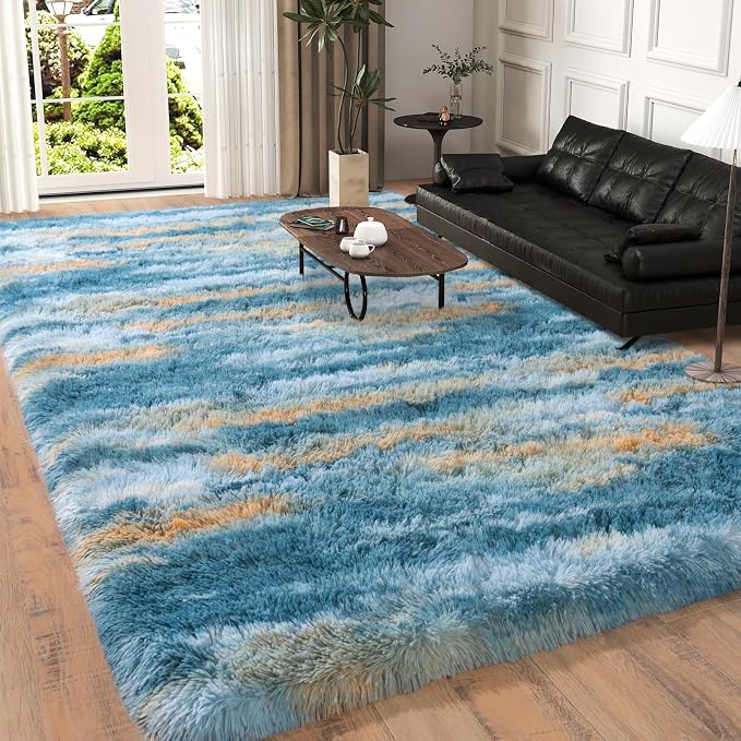 Dssimo Blue and Yellow Rugs for Living Room Bedroom, 4x6 Shaggy Area Rug | Large Plush Furry Upgrade Non-Slip Abstract Rug for Nursery Kids Room Dorm Room Home Decor, Modern Indoor Floor Carpet